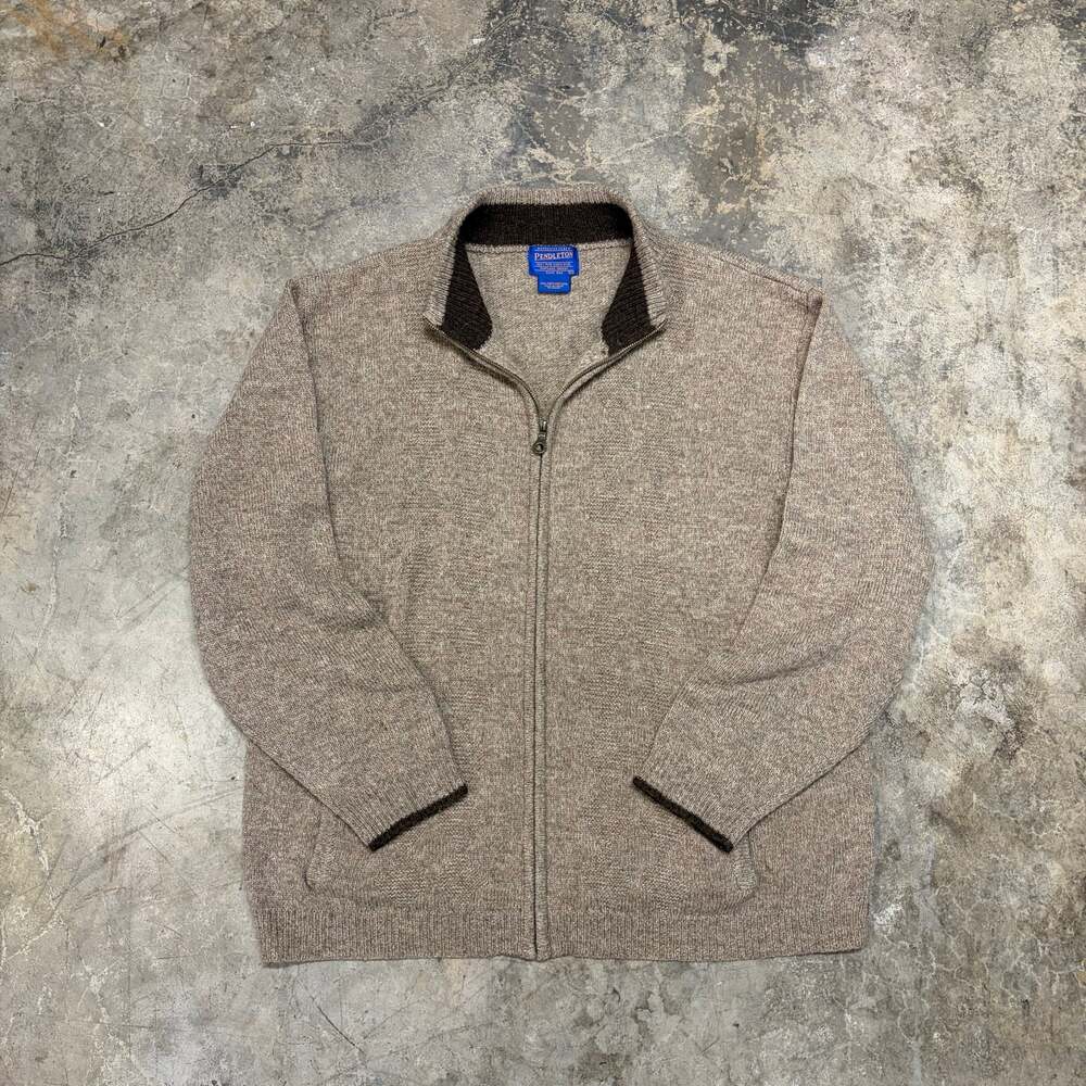 Vintage Pendleton Shetland Wool Full Zip Sweater Jacket Beige XL